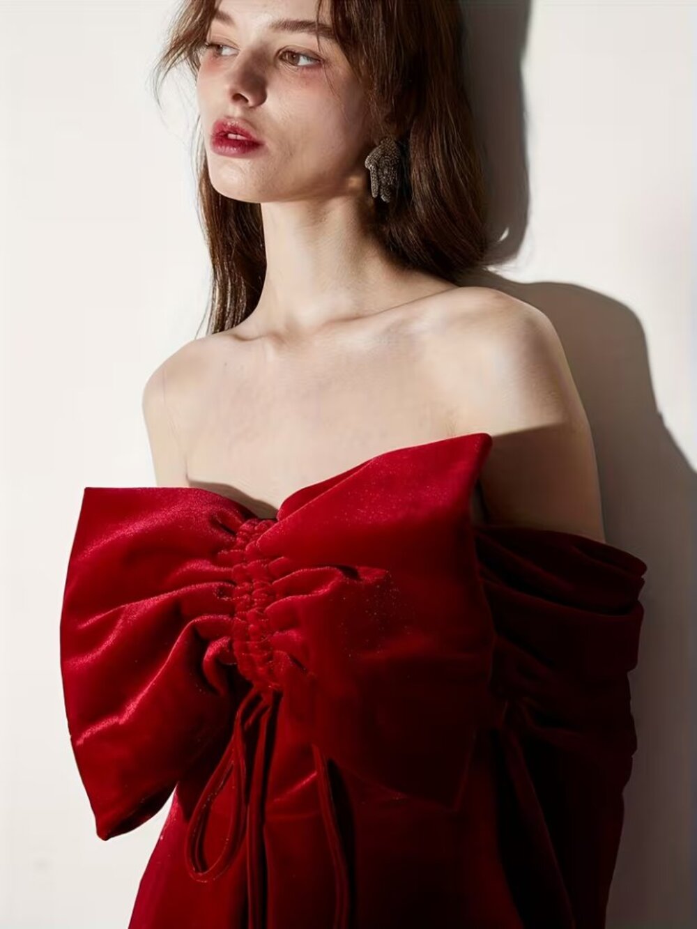 Off-Shoulder Red Velvety Bow Dress